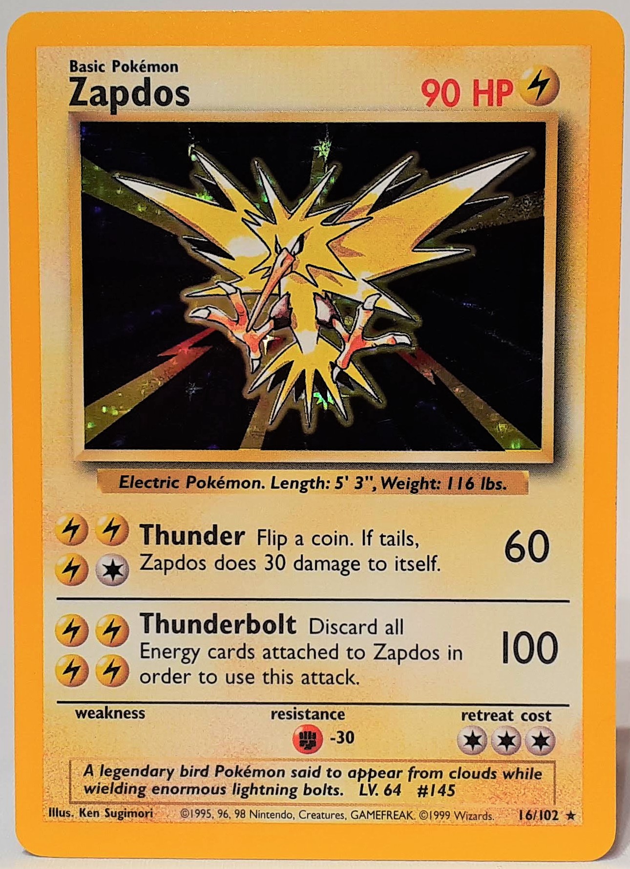 Pokemon Base Set 1999 Zapdos 16/102 – Unlimited Edition Holo Rare – English – Ungraded